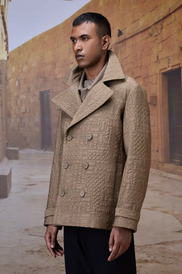 Beige quilted jacket men India with textured pattern and tailored fit