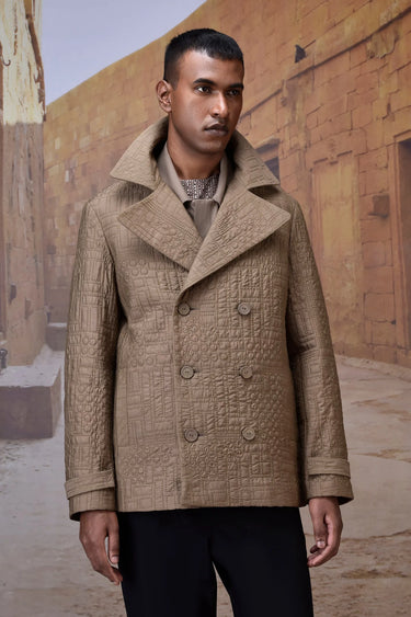 Men beige designer quilted jacket with silk viscose fabric, luxury fashion India