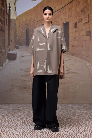 Warm Beige & Sand Giza Cotton Poplin Panel Shirt - Genes Online Store