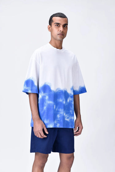 White-Blue Cotton Jersey Oversized T-Shirt with UV Abstract Print