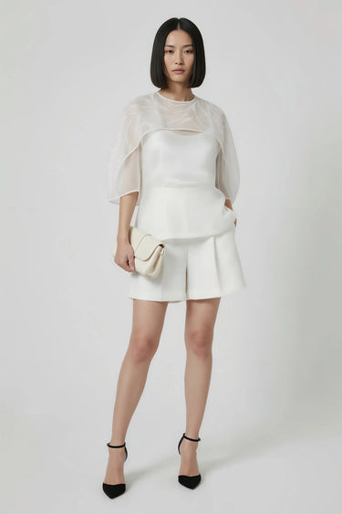 White embroidered organza overlay top for women by Genes Lecoanet Hemant India