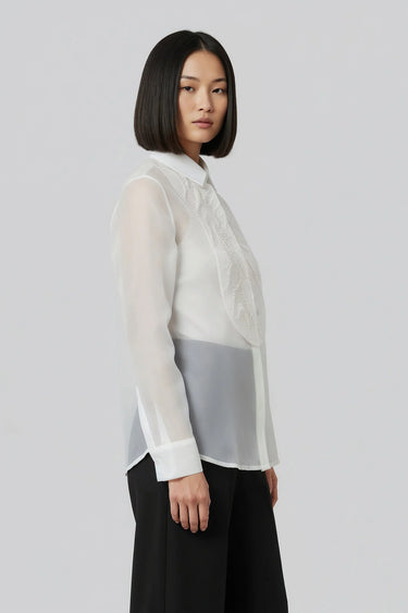 White transparent shirt women India with embroidered detailing and classic collar