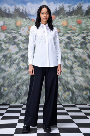 White embroidered Giza cotton shirt for women with clean detailing