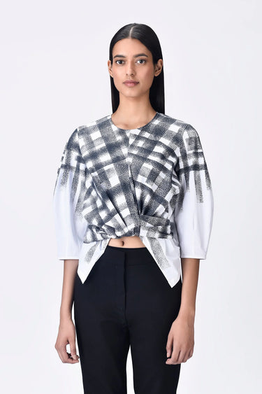 White Giza Cotton Poplin Straight Fit Top with Draped Waist - Genes Lecoanet Hemant