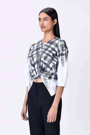White Giza Cotton Poplin Straight Fit Top with Draped Waist - Genes Lecoanet Hemant