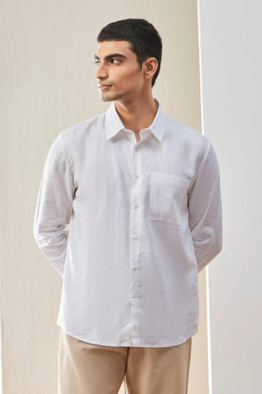 White Linen Regular Fit Button-Up Shirt - Genes Lecoanet Hemant