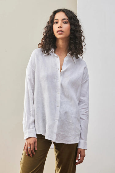White Linen Shirt with Tonal Embroidered Signature - Genes Lecoanet Hemant