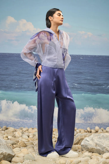White and Navy poly organza oversized hoodie for women showing breathable sheer fabric texture