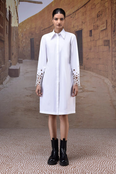 White poplin shirt dress with cutwork sleeves for women by Genes Lecoanet Hemant India