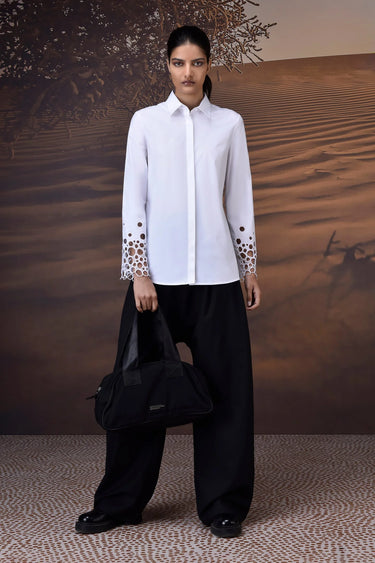 White precision shirt with geometric cutwork sleeves for women by Genes Lecoanet Hemant India