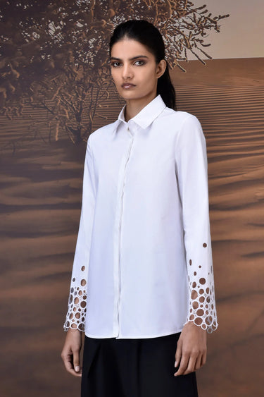 White tailored shirt women India with cutwork sleeves, modern office wear
