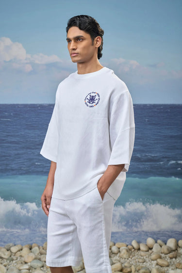 White Premium Cotton Jacquard Lycra Oversized T-Shirt