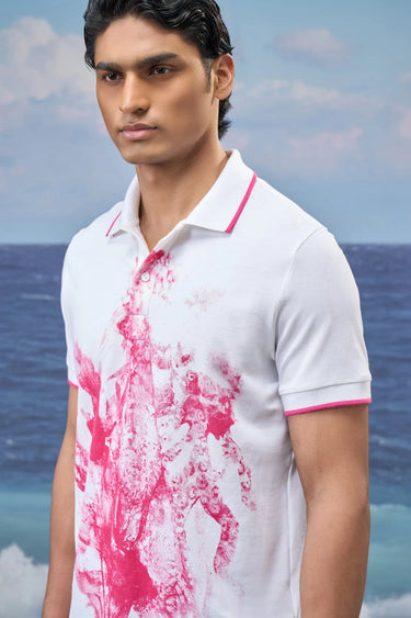 White Premium Cotton Pique Abstract Print Polo T-Shirt