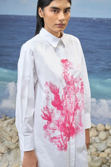 White Premium Cotton Poplin Abstract Print Oversized Dress