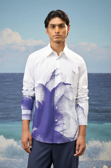 Men white designer shirt with dotted floral print, premium cotton fashion India