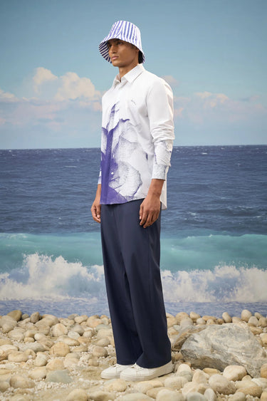 White dotted floral print cotton poplin shirt for men by Genes Lecoanet Hemant India
