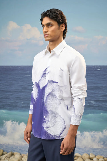 White cotton poplin shirt men India with abstract floral pattern, modern fit