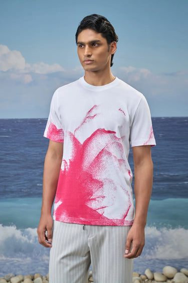 Men white designer t-shirt with dotted floral print, premium cotton fashion India