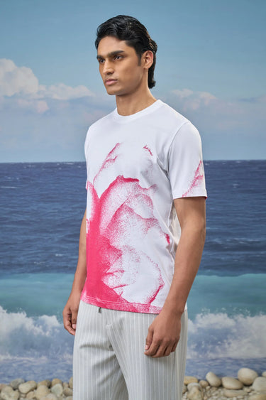 White cotton single jersey t-shirt men India with abstract floral pattern