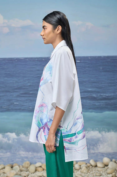 Women white printed shirt oversized fit in premium Giza cotton India