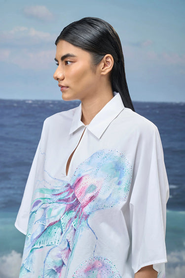 White relaxed fit cotton shirt women India, luxury designer fashion