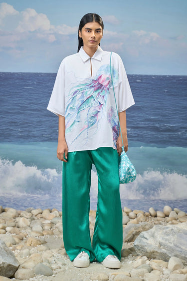 White printed oversized Giza cotton shirt for women by Genes Lecoanet Hemant India