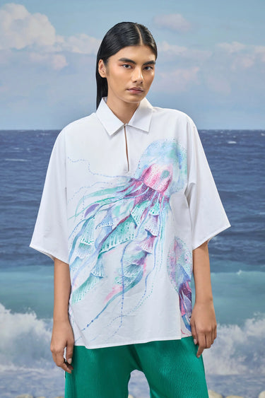 White premium cotton oversized shirt women India with abstract print design
