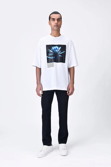 White Relaxed Fit Crew Neck T-Shirt with UV Flower Sticker - Genes Lecoanet Hemant