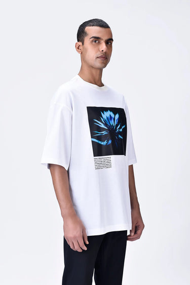 White Relaxed Fit Crew Neck T-Shirt with UV Flower Sticker - Genes Lecoanet Hemant