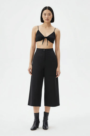 Black cotton poplin wide leg culottes for women by Genes Lecoanet Hemant India