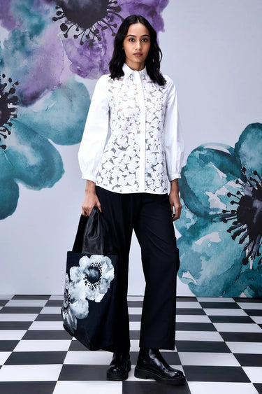 Women Cutout Embroidery Relax Fit Shirt- White - Genes Online Store