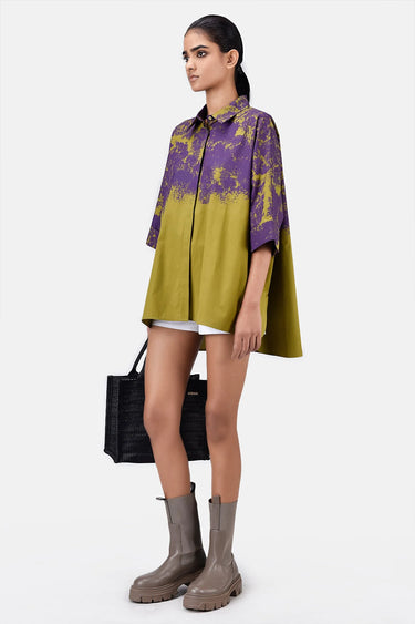 Women's Canopy Print Oversized Cotton Poplin Shirt Bright Olive - Genes Lecoanet Hemant