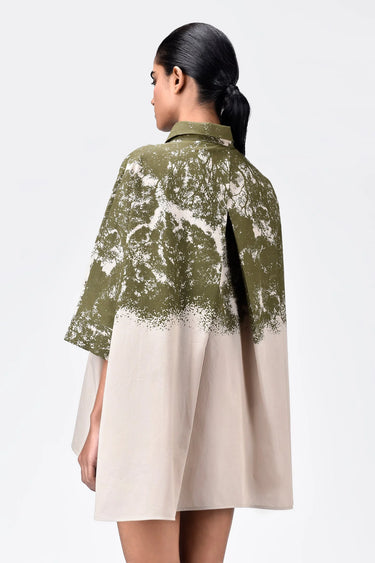 Women's Canopy Print Oversized Cotton Poplin Shirt Bright Olive Sand - Genes Lecoanet Hemant
