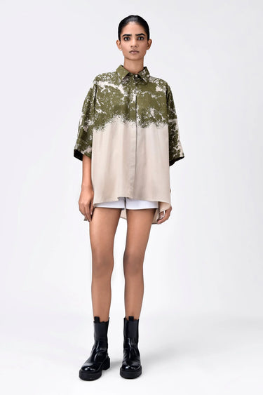Women's Canopy Print Oversized Cotton Poplin Shirt Bright Olive Sand - Genes Lecoanet Hemant
