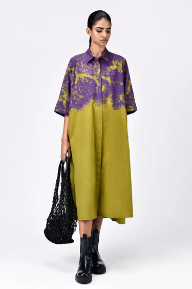 Women's Canopy Print Oversized Cotton Shirt Dress Bright Olive - Genes Lecoanet Hemant