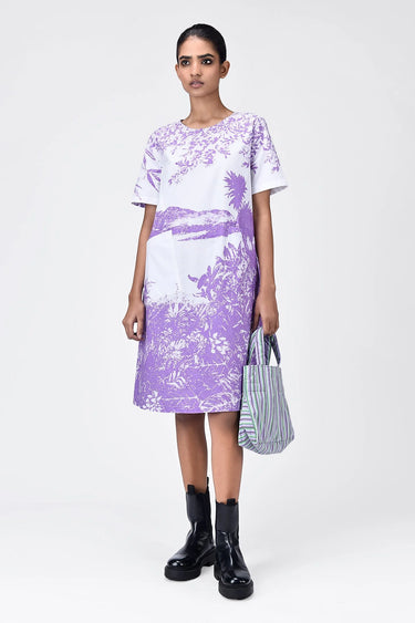 Women's Landscape Print A-Line Cotton Poplin Dress-Amethyst - Genes Lecoanet Hemant