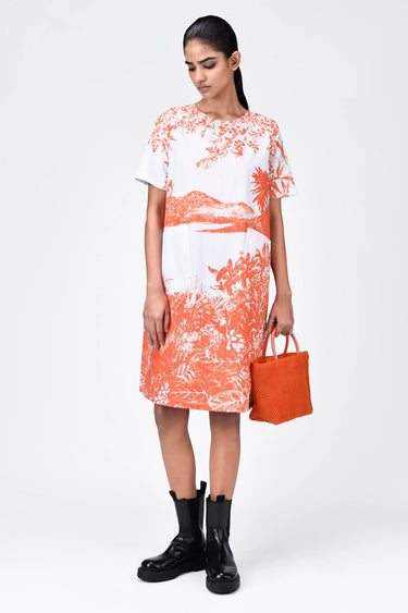Women's Landscape Print A-Line Cotton Poplin Dress Coral Orange - Genes Lecoanet Hemant