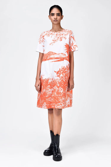 Women's Landscape Print A-Line Cotton Poplin Dress Coral Orange - Genes Lecoanet Hemant