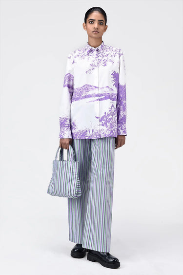 Women's Landscape Print Easy Fit Cotton Poplin Shirt-Amethyst - Genes Lecoanet Hemant