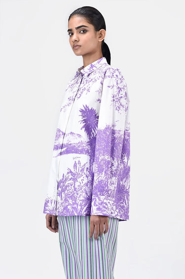 Women's Landscape Print Easy Fit Cotton Poplin Shirt-Amethyst - Genes Lecoanet Hemant