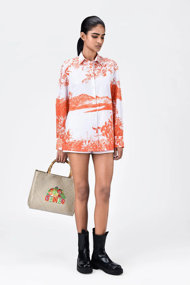 Women's Landscape Print Easy Fit Cotton Poplin Shirt -Coral Orange - Genes Lecoanet Hemant