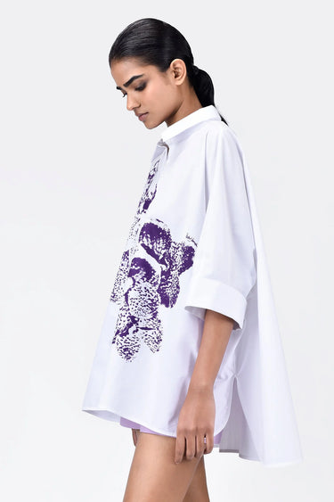 Women's Orchid Print Oversized Cotton Poplin Shirt - Genes Lecoanet Hemant