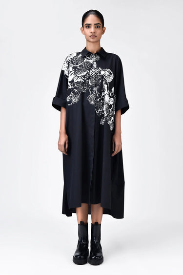 Women's Orchid Print Oversized Cotton Poplin Shirt Dress -Black - Genes Lecoanet Hemant