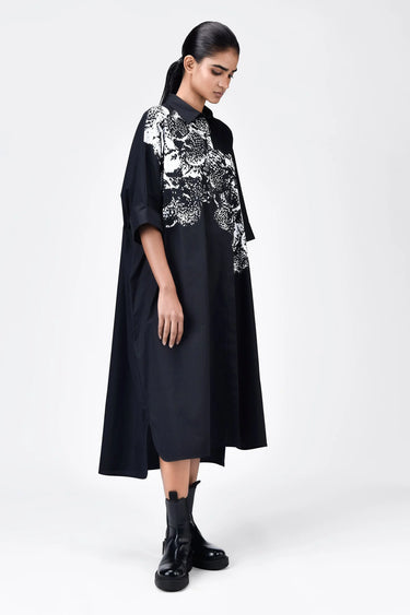 Women's Orchid Print Oversized Cotton Poplin Shirt Dress -Black - Genes Lecoanet Hemant