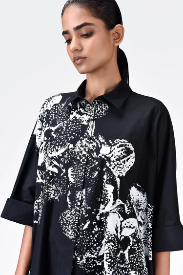 Women's Orchid Print Oversized Cotton Poplin Shirt Dress -Black - Genes Lecoanet Hemant