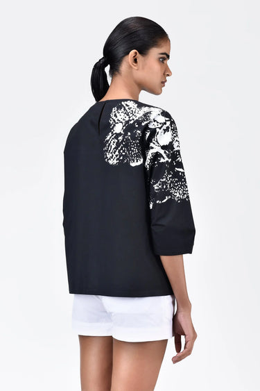Women's Orchid Print Straight Fit Cotton Poplin Top Black - Genes Lecoanet Hemant