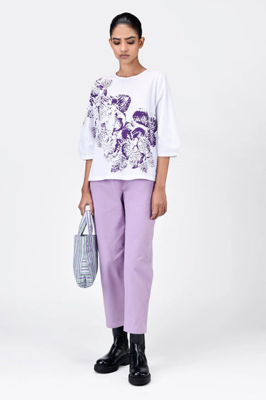 Women's Orchid Print Straight Fit Cotton Poplin Top-White - Genes Lecoanet Hemant