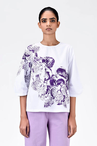 Women's Orchid Print Straight Fit Cotton Poplin Top-White - Genes Lecoanet Hemant
