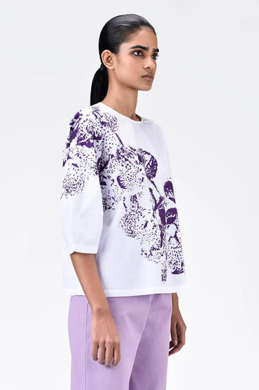 Women's Orchid Print Straight Fit Cotton Poplin Top-White - Genes Lecoanet Hemant