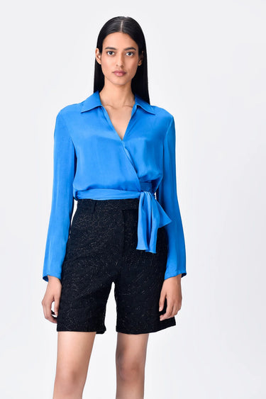Women's Viscose Satin Shirt -Azure Blue - Genes Lecoanet Hemant